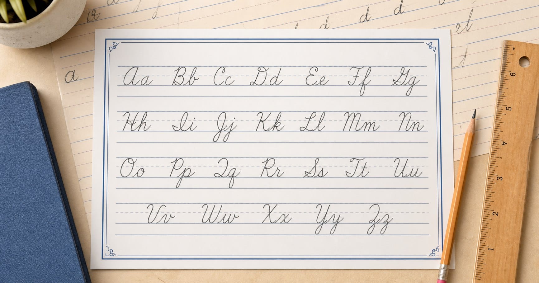Printable cursive alphabet chart showing uppercase and lowercase letters A through Z