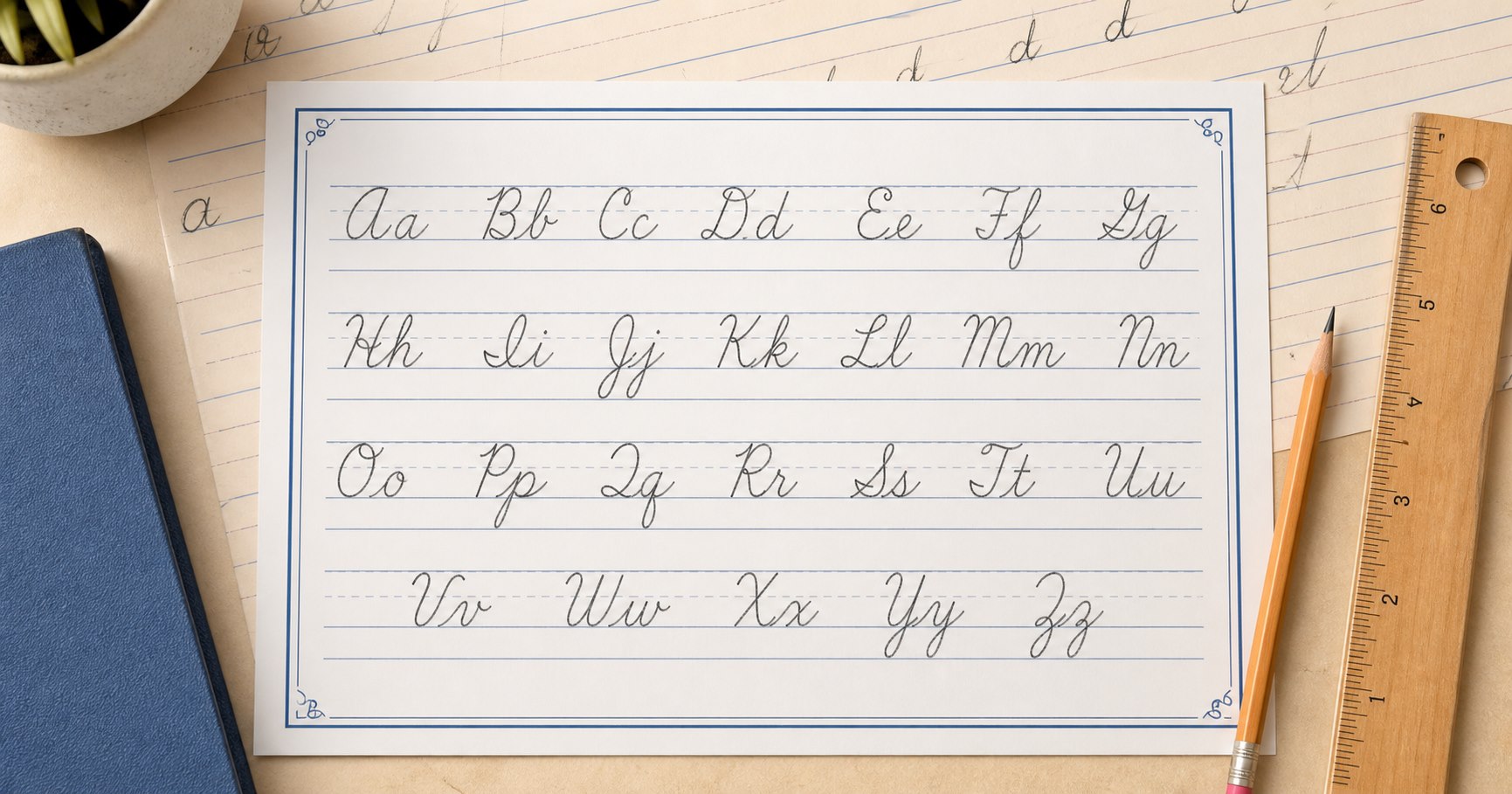 Printable cursive alphabet chart showing uppercase and lowercase letters A through Z on lined paper