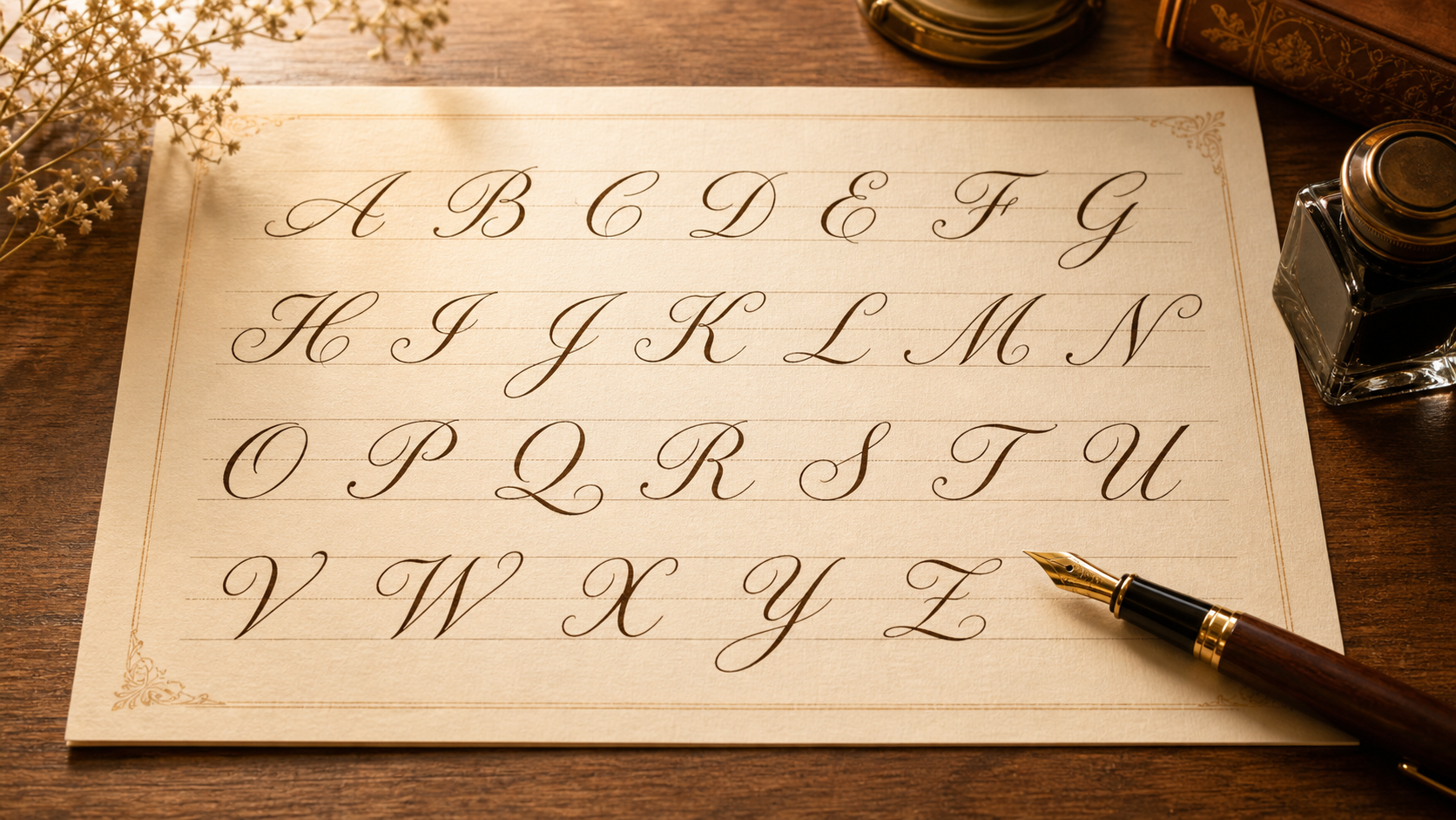 Cursive capital letters A to Z practice sheet with a fountain pen and ink bottle