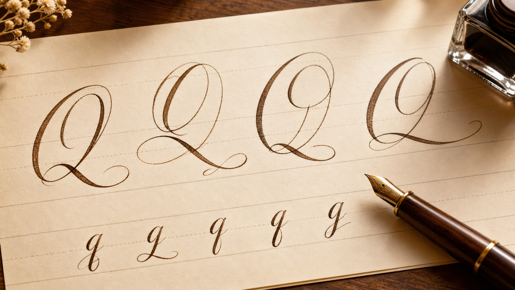 Uppercase and lowercase cursive Q practice forms written in ink on lined handwriting paper