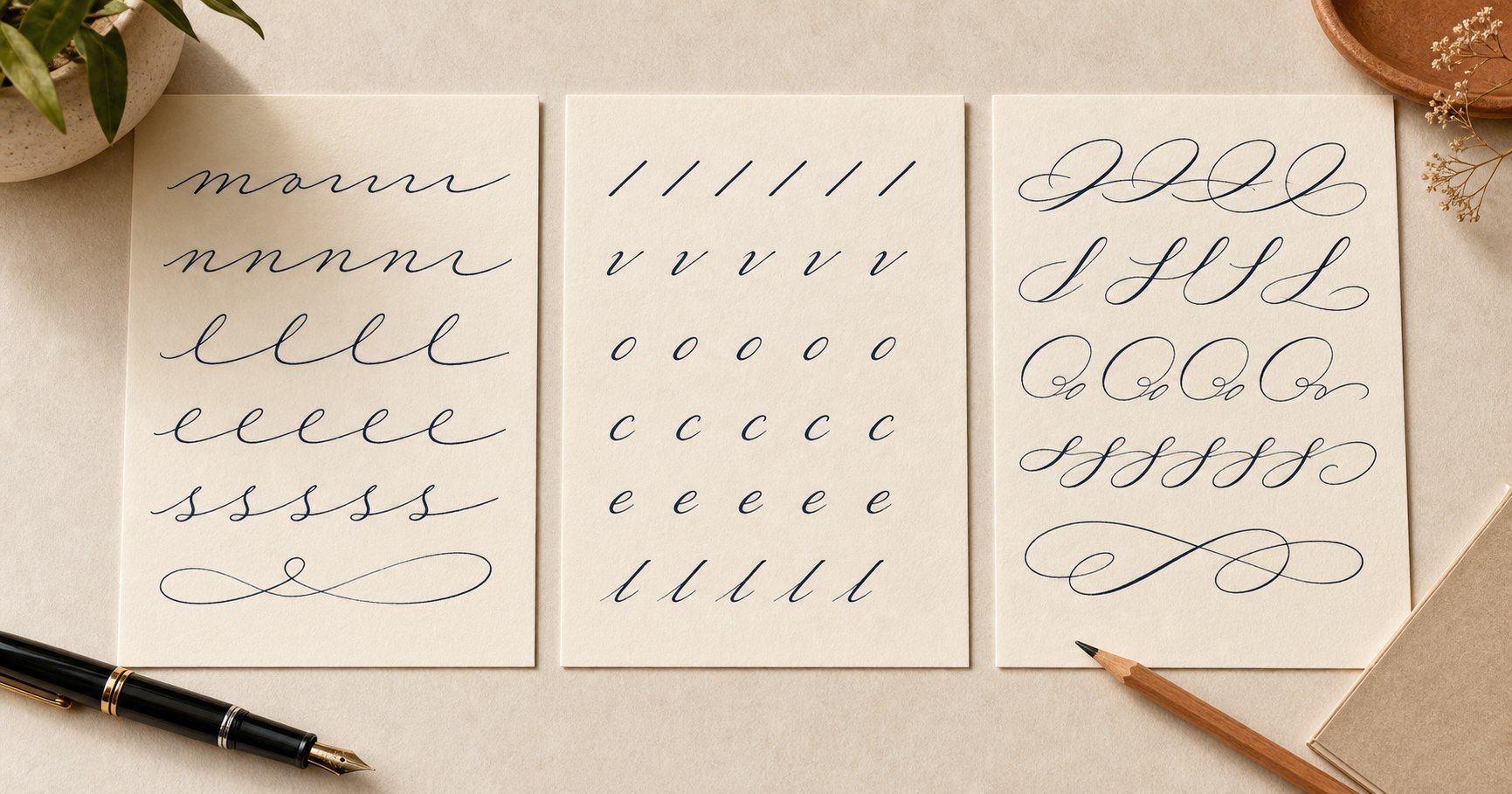 Visual comparison chart of cursive connected writing, slanted italic text, and decorative script lettering