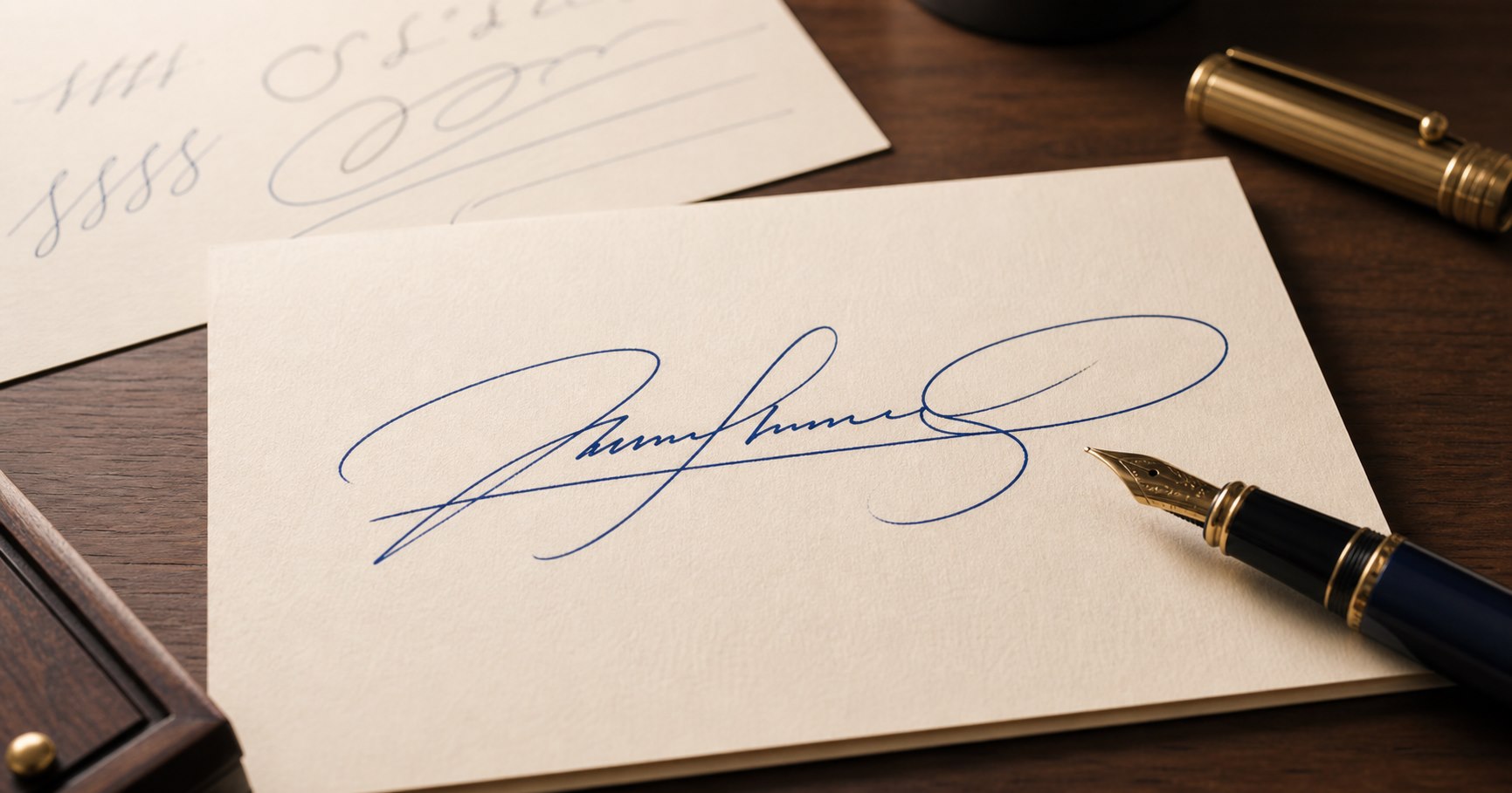 Cursive signature design practice on ivory paper with a fountain pen beside it