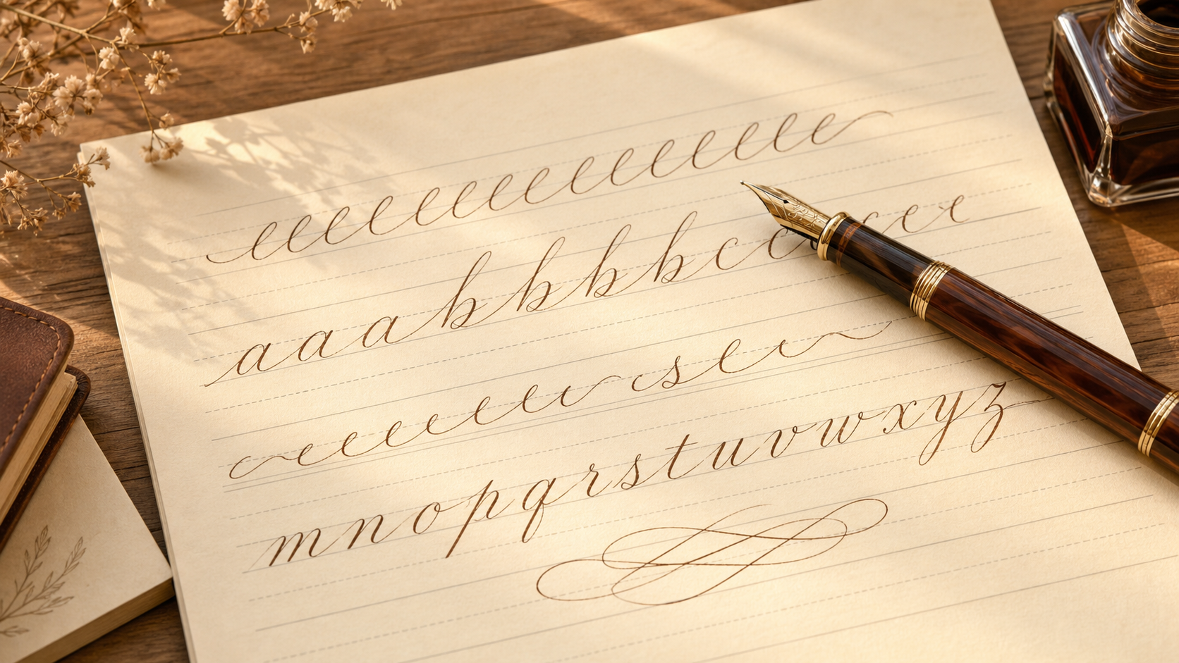 Beginner cursive handwriting practice with connected lowercase letters and a fountain pen on lined paper